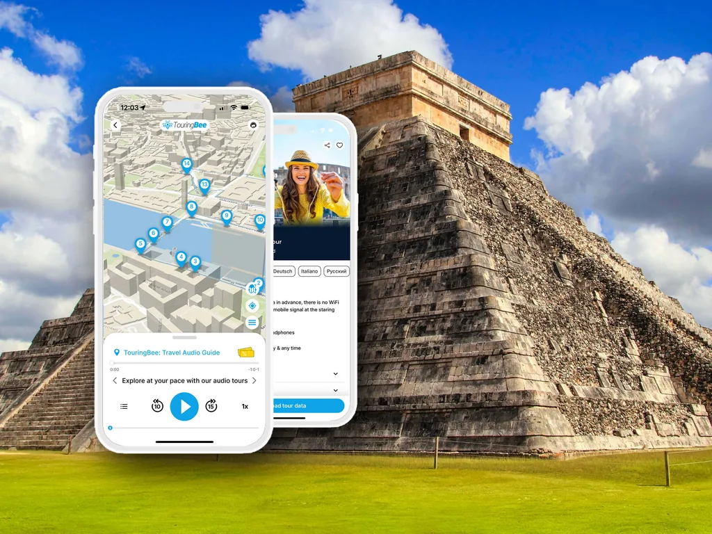 Chichén Itzá self-guided audio tour on a phone in front of El Castillo